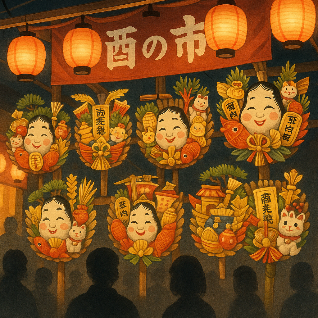 酉の市の熊手（おかめや小判などの縁起物が飾られた例）